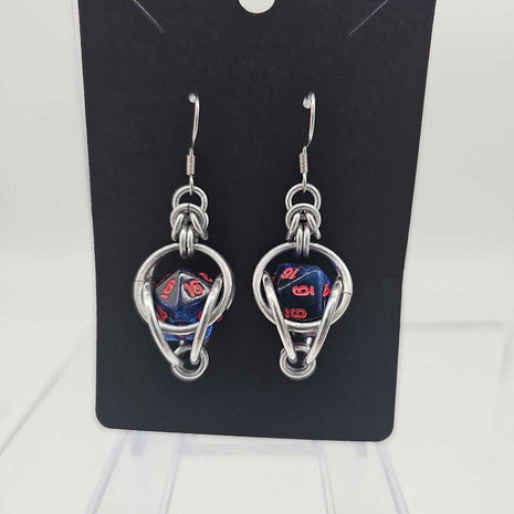 Mini D20 Earrings Silver with Sparkly Dark Blue D20