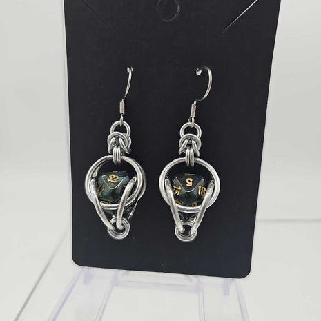 Mini D20 Earrings Silver with Marble Dark Green D20