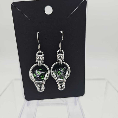 Mini D20 Earrings Silver with Marble Gray Black D20 Green numbers
