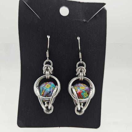 Mini D20 Earrings Silver with Marble Multicolor