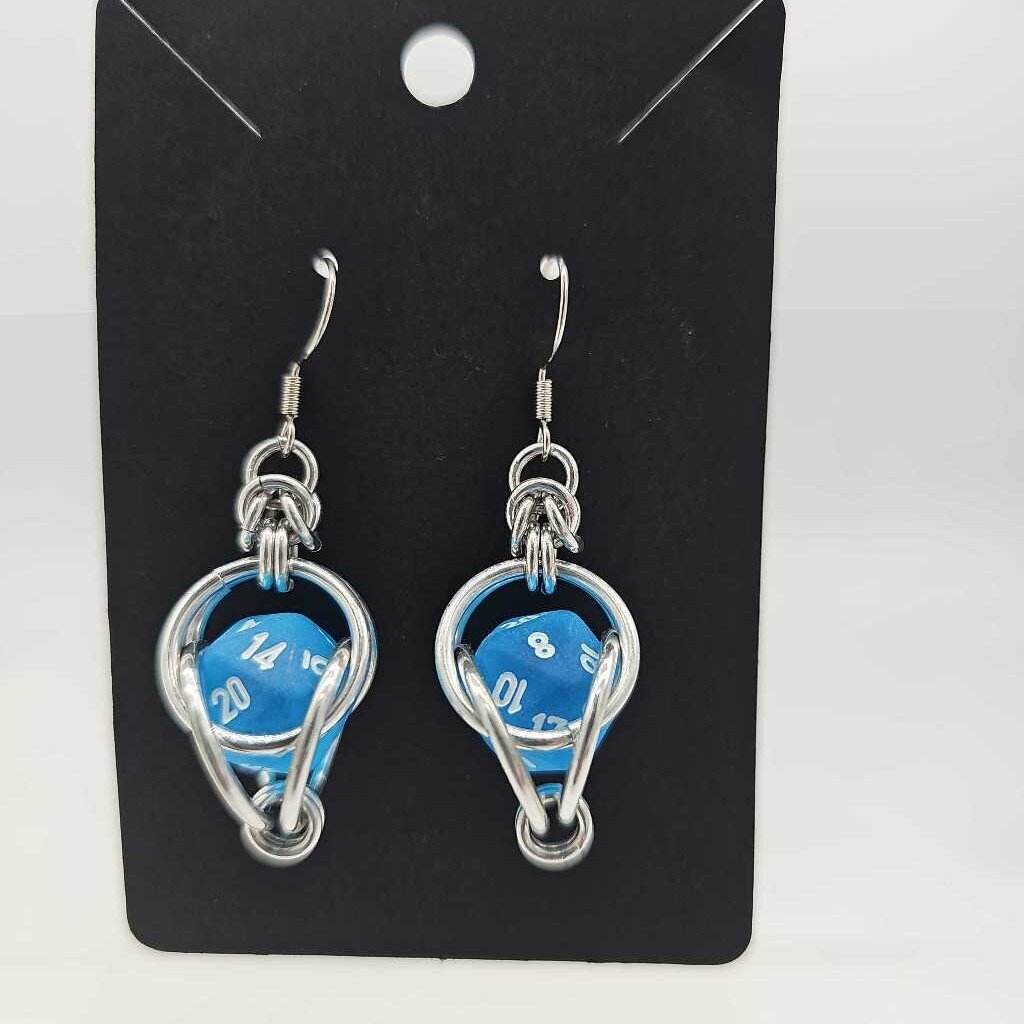 Mini D20 Earrings Silver with Marble light blue D20