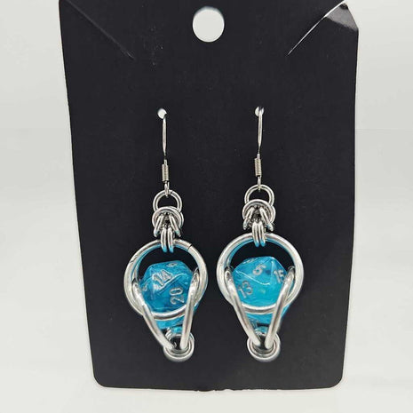 Mini D20 Earrings Silver with Marble sky blue D20