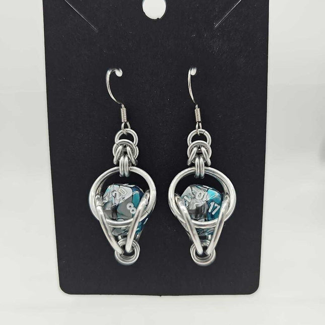 Mini D20 Earrings Silver with Marble Gray and Teal