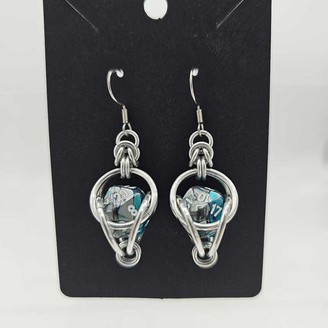 Mini D20 Earrings Silver with Marble Gray and Teal
