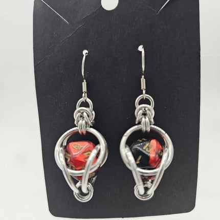 Mini D20 Earrings Silver with Marble Red and Black