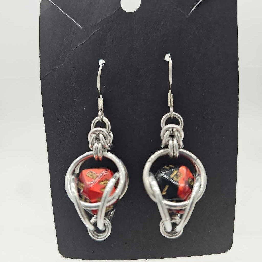 Mini D20 Earrings Silver with Marble Red and Black