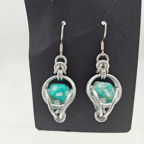 Mini D20 Earrings Silver with Marble light green D20