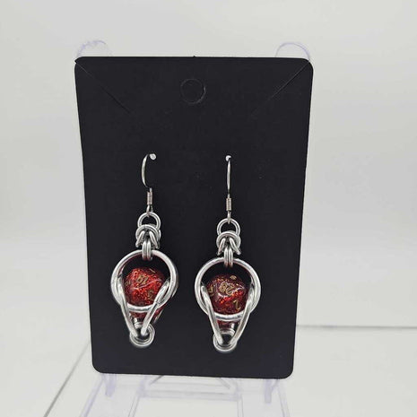 Mini D20 Earrings Silver with Sparkly Red D20