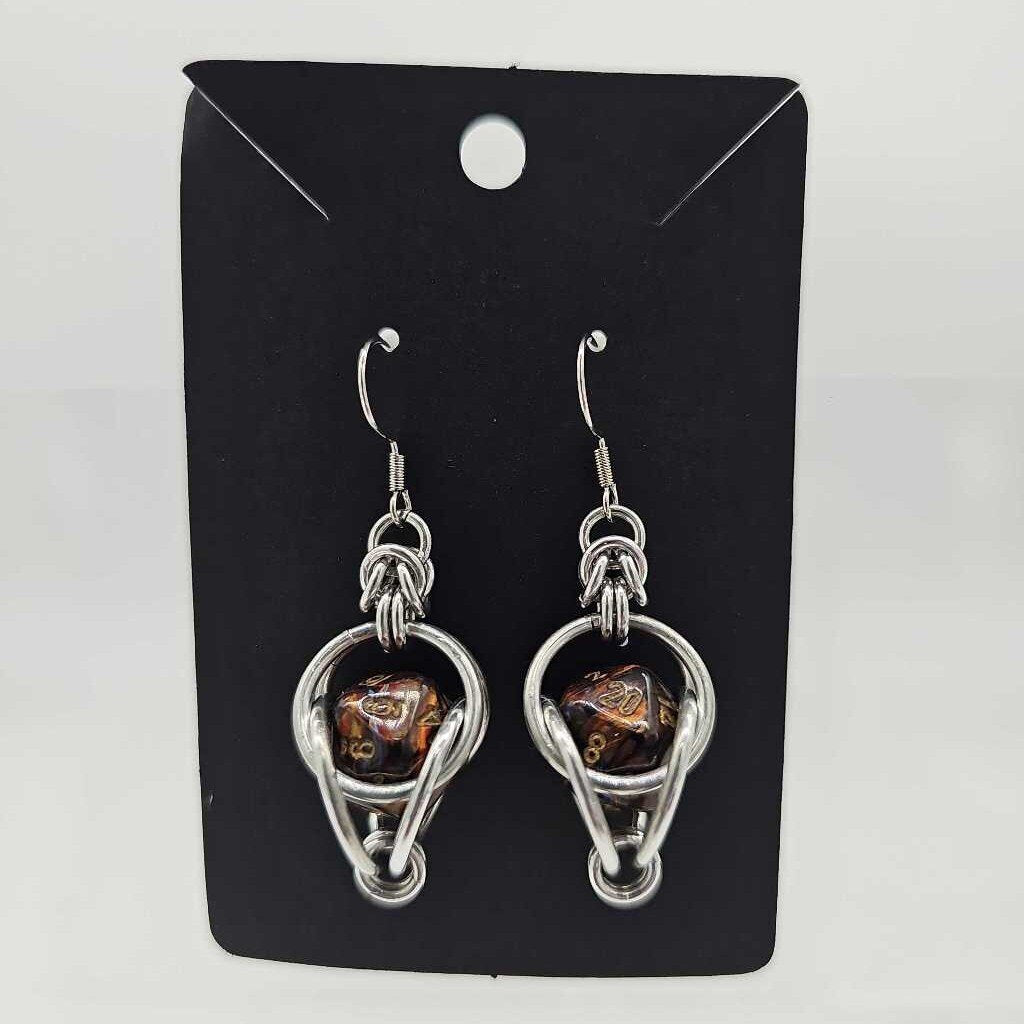 Mini D20 Earrings Silver with Marble Brown