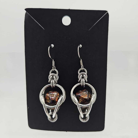 Mini D20 Earrings Silver with Marble Brown