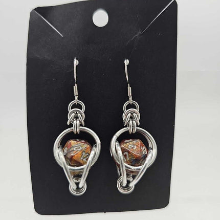 Mini D20 Earrings Silver with Marble Copper Brown