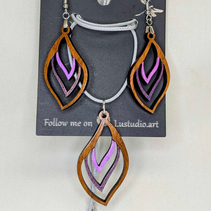 Earring Necklace Set Cherry wood with purple detail
