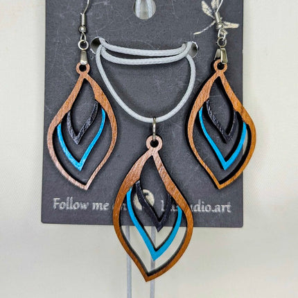 Earring Necklace Set Cherry wood with black and turquoise detail