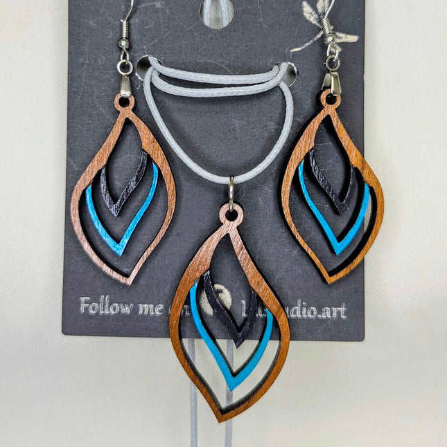 Earring Necklace Set Cherry wood with black and turquoise detail