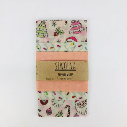 Beeswax Wraps 3 Pack, Pink Christmas Santa