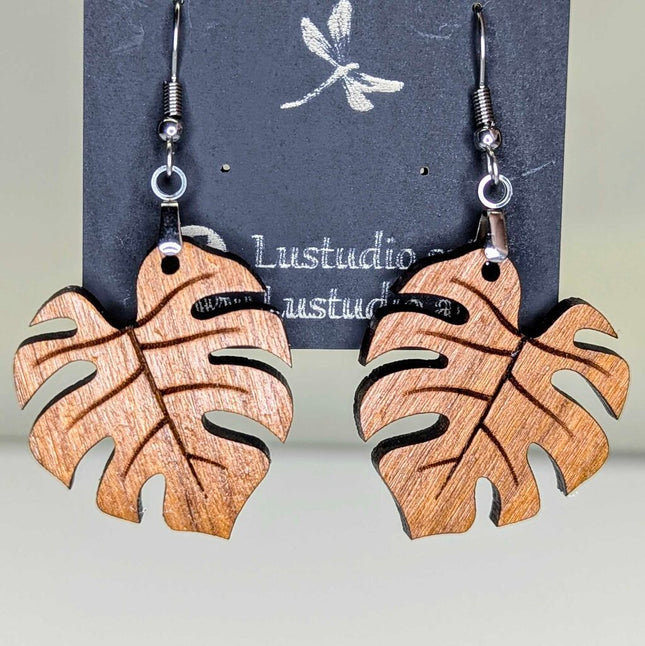 Earrings - Cherry Wood Monstera