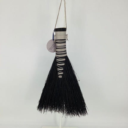 Hawk Tail Whisk Broom, silver on black broomcorn, MH287
