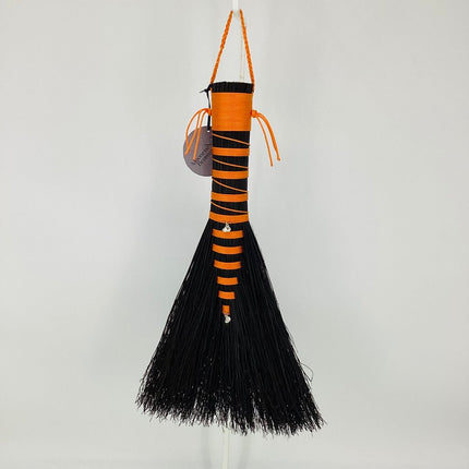 Hawk Tail Whisk Broom, orange on black broomcorn, with pumpkin charms, LH667