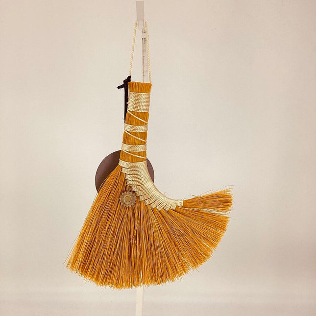 Hawk Tail Whisk Broom, brown and gold with sunflower charms, MHC315