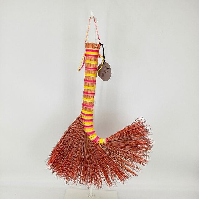 Turkey Wing Whisk Broom, spring pastel ombre on pink broomcorn