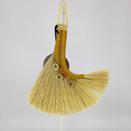 Hawk Tail Altar Broom, brown and yellow with sunflower charm, LAH648