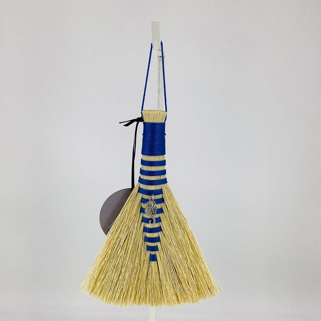 Hawk Tail Altar Broom, blue with seahorse charm, LACH589