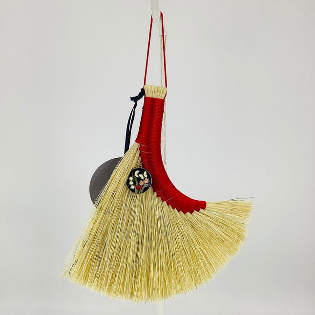 Turkey Wing Altar Broom, red with garden charm, LACT586