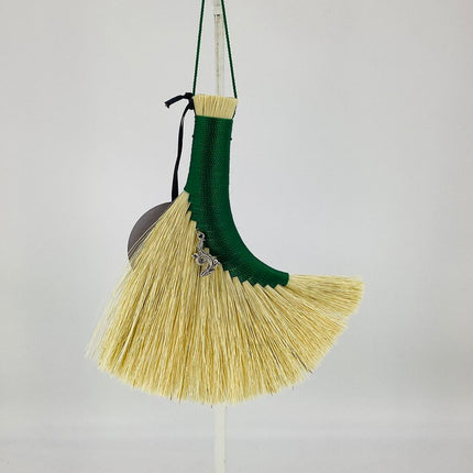 Turkey Wing Altar Broom, green with dragon charm, LACT585