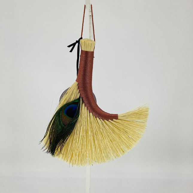 Turkey Wing Altar Broom, rosy brown with peacock feather, LAF437