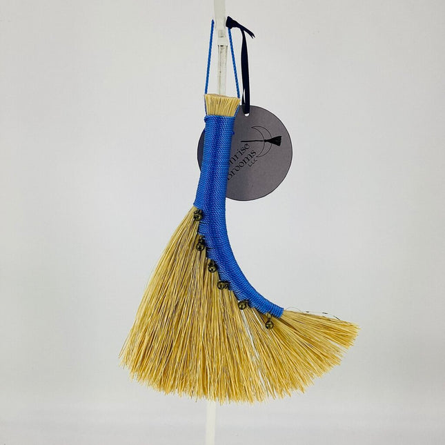 Turkey Wing Altar Broom, periwinkle with bells, LABT192