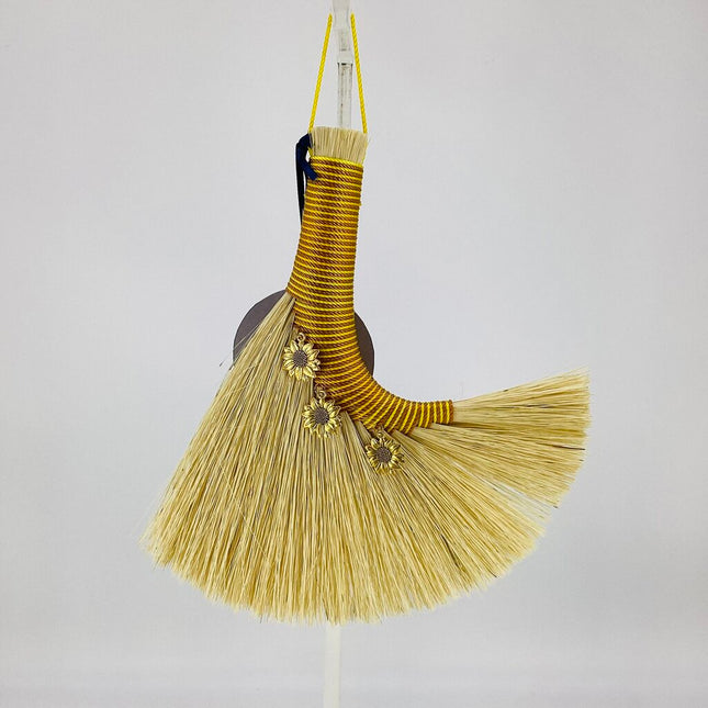 Turkey Wing Altar Broom, brown and yellow with sunflower charms, LCT525