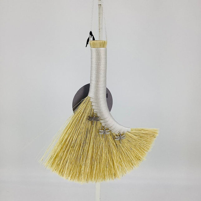 Turkey Wing Altar Broom, white with dragonfly charms, LACT553