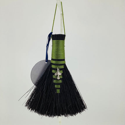 Hawk Tail Altar Broom, moss on black Tampico with mushroom charm, LACH660