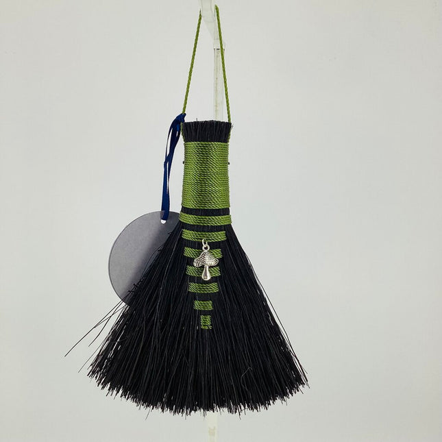 Hawk Tail Altar Broom, moss on black Tampico with mushroom charm, LACH660