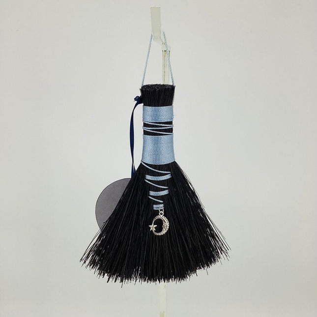 Hawk Tail Altar Broom, silver blue on black Tampico with moon charm, MAC350