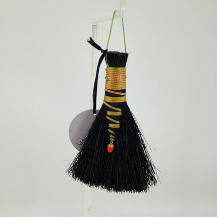 Hawk Tail Altar Broom, green and pink on black Tampico with strawberry charm, MA241