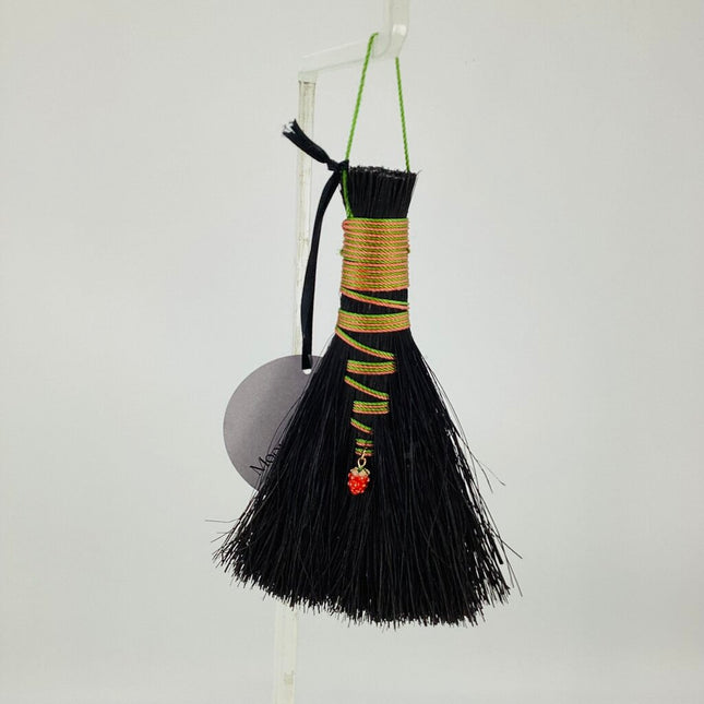 Hawk Tail Altar Broom, green and pink on black Tampico with strawberry charm, MA241