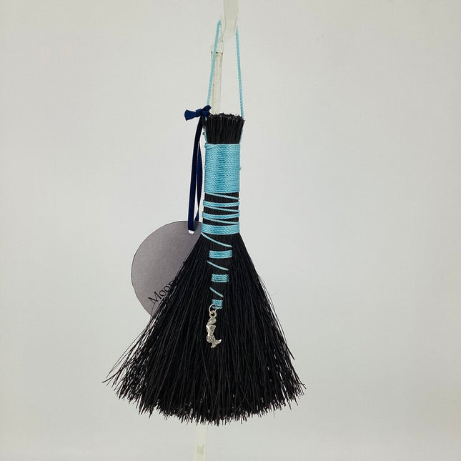 Hawk Tail Altar Broom, pale blue on black Tampico with mermaid charm, MA181