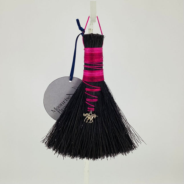 Hawk Tail Altar Broom, pink ombre on black Tampico with unicorn charm, MAC307