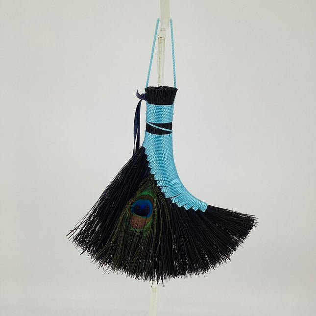 Turkey Wing Altar Broom aqua on black Tampico with peacock feather, LAF570