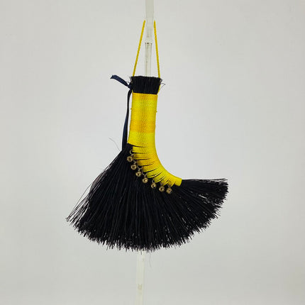 Turkey Wing Altar Broom yellow ombre on black Tampico with bells, LABT316