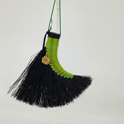 Turkey Wing Altar Broom green and yellow on black Tampico with sunflower charm, LACT595