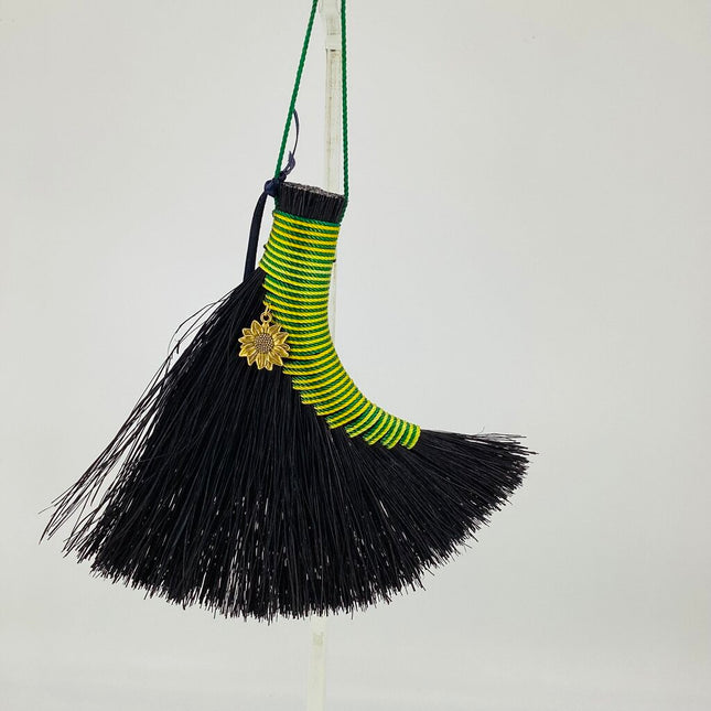 Turkey Wing Altar Broom green and yellow on black Tampico with sunflower charm, LACT595
