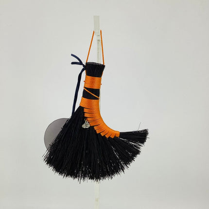 Turkey Wing Altar Broom orange on black Tampico with pumpkin charm, LACT274