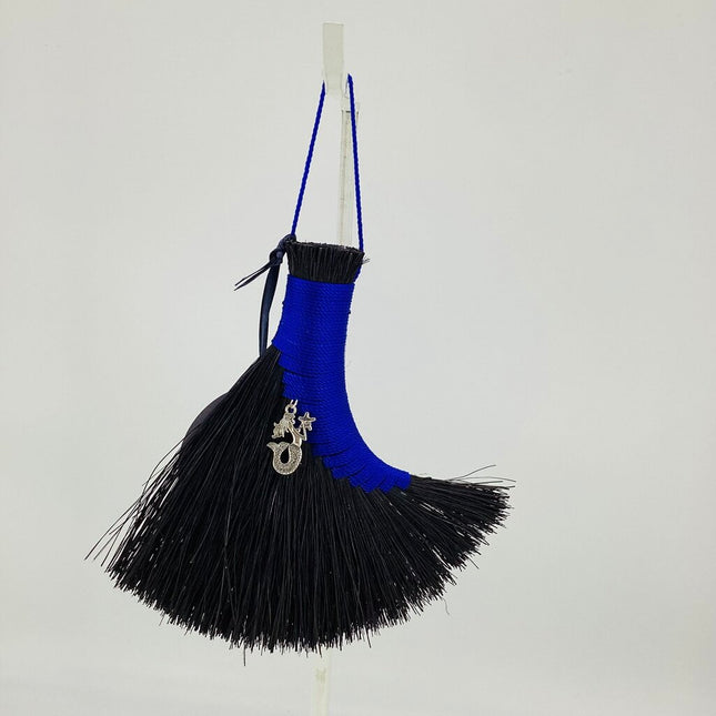 Turkey Wing Altar Broom blue on black Tampico with mermaid charm, LACT597