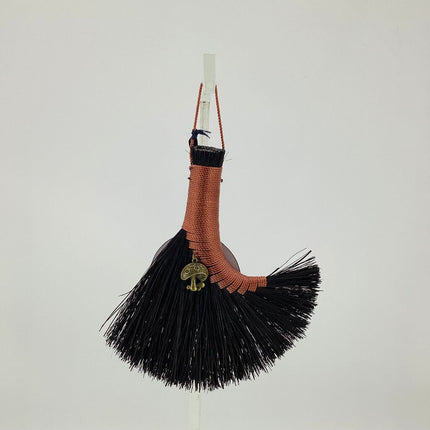 Turkey Wing Altar Broom rosy brown on black Tampico with mushroom charm, LACT362