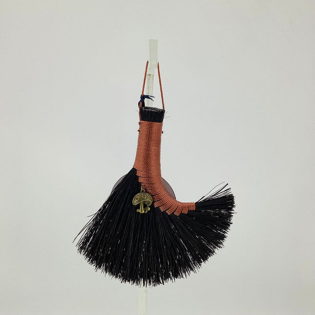 Turkey Wing Altar Broom rosy brown on black Tampico with mushroom charm, LACT362