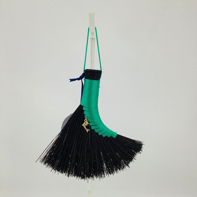 Turkey Wing Altar Broom green on black Tampico with dolphin charm, LAT681