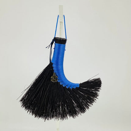 Turkey Wing Altar Broom, blue on black Tampico with shell charm, LACT365