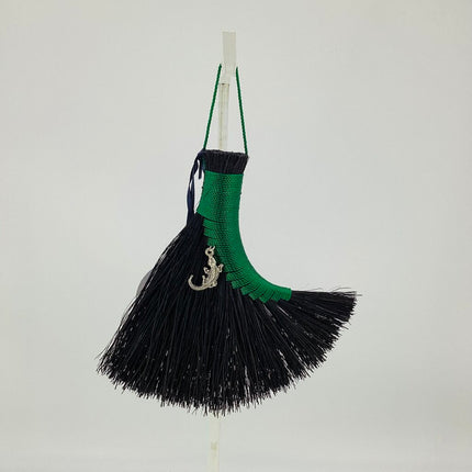 Turkey Wing Altar Broom, emerald on black Tampico with alligator charm, LACT598